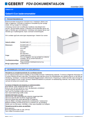 FDV dokumentasjon Geberit iCon baderomsmøbler