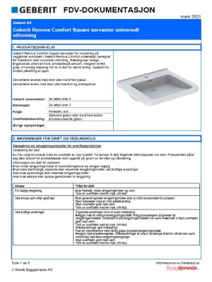 FDV Geberit Renova Comfort Square servanter universell utforming