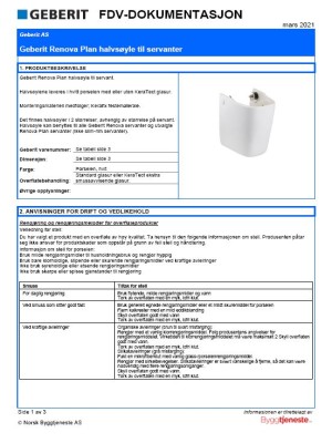 FDV Geberit Renova Plan halvsøyle servant