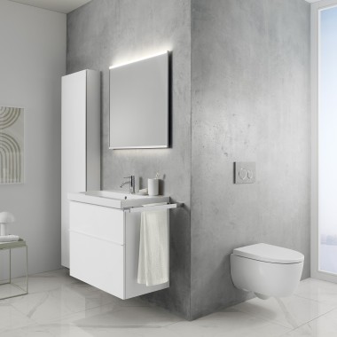Geberit iCon baderomsserie på et grått og hvitt bad Geberit iCon baderomsserie på et grått og hvitt bad