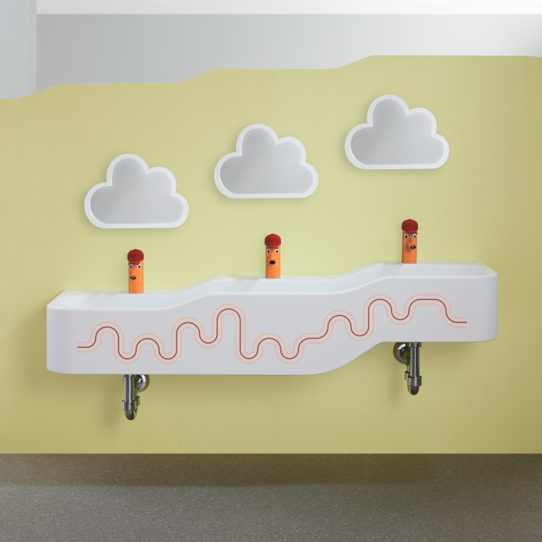 Geberit Bambini leke- og vaskeområde i karminrødt og oransje Geberit Bambini leke- og vaskeområde i karminrødt og oransje