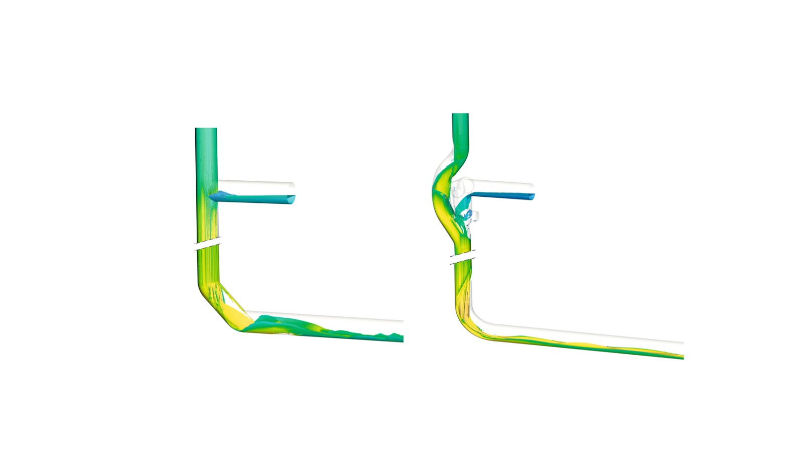 Retningsendring med to Geberit Silent-db20 160 mm 45° bend, som vist til venstre, får vannet i røret til å virvle, noe som bidrar til å redusere støynivået.
