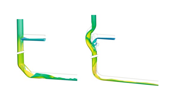 Retningsendring med to Geberit Silent-db20 160 mm 45° bend, som vist til venstre, får vannet i røret til å virvle, noe som bidrar til å redusere støynivået. Retningsendring med to Geberit Silent-db20 160 mm 45° bend, som vist til venstre, får vannet i røret til å virvle, noe som bidrar til å redusere støynivået.