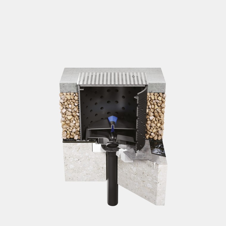 Installasjon av Geberit Pluvia på gangbart betongtak med bitumen takfolie