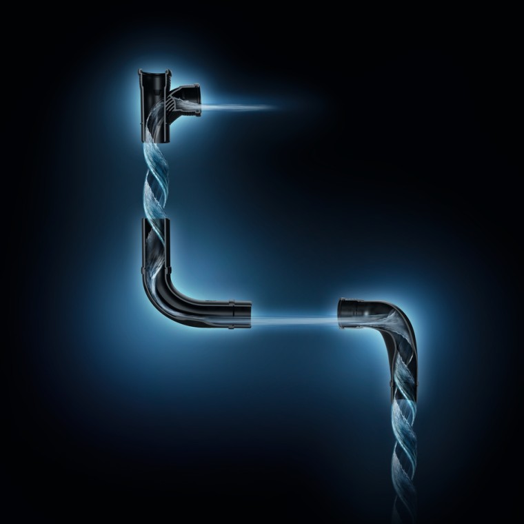 Hydraulisk optimalisert vannstrøm med Geberit SuperTube fittings. Hydraulisk optimalisert vannstrøm med Geberit SuperTube fittings.