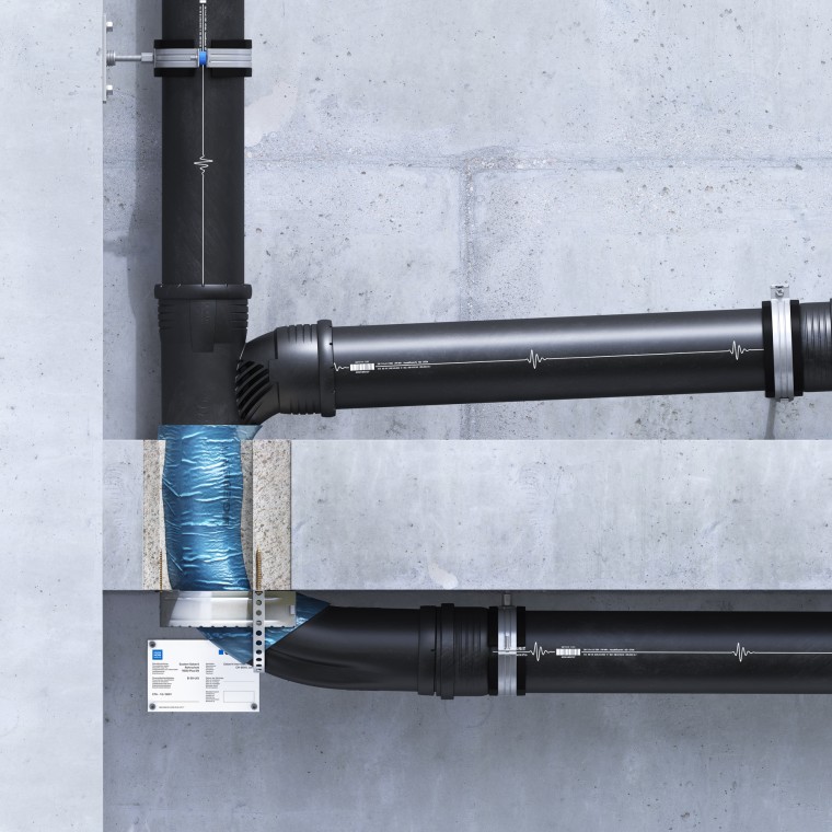 Geberit Silent-Pro SuperTube: Brannbeskyttelseshylse i U-formet påleggingsinstallasjon Geberit Silent-Pro SuperTube: Brannbeskyttelseshylse i U-formet påleggingsinstallasjon