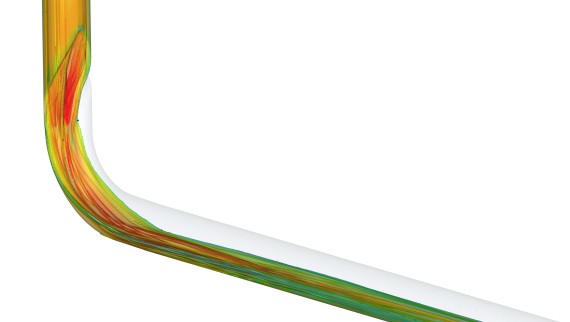 CFD-animasjonen viser hvor lite impulstap strømningen i Geberit BottomTurn-bendet har