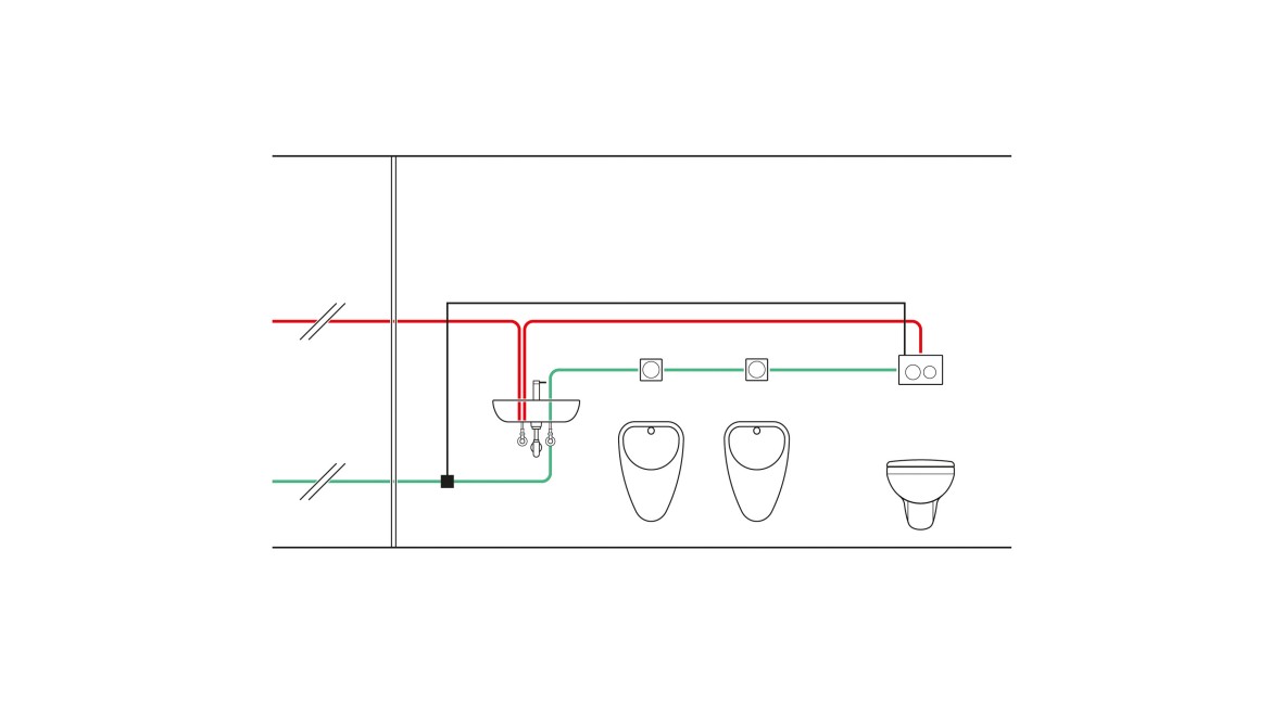Eksempel på rørføring av temperaturkontrollert skjult sisterne med hygieneskyllenhet og bruk av temperatursensor (© Geberit)