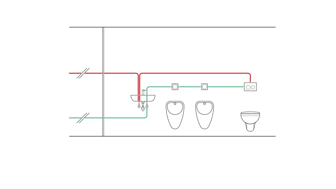 Eksempel på rørføring av en tidsstyrt hygieneskyllenhet (© Geberit)