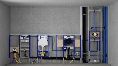 Geberit Duofix-montasje foran vegg og sisterner i systemvegg