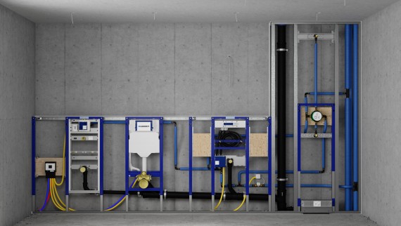 Installasjonsvegg med Geberit Duofix-elementer for urinal, toalett, servant og dusj