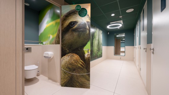 Og de stilige Geberit ONE toalettene er tilgjengelige i WC-kabinen (© Meike Goebel). Og de stilige Geberit ONE toalettene er tilgjengelige i WC-kabinen (© Meike Goebel).