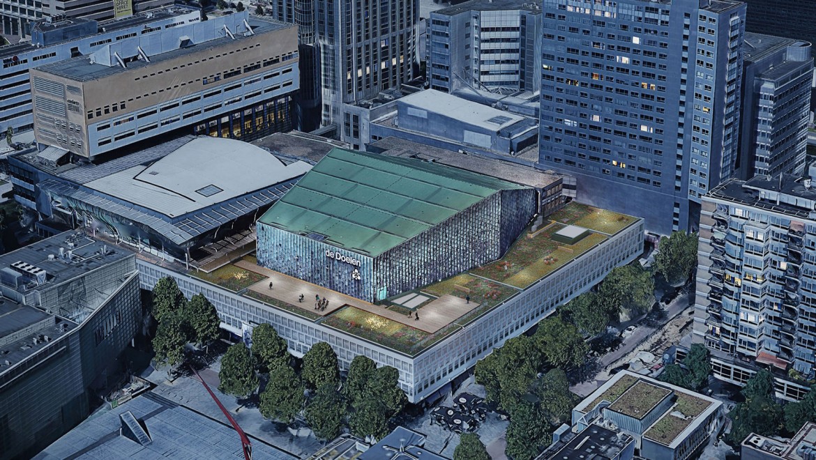 Det flate taket måler over 2500 m² og går rundt kobbertaket på den store konsertsalen (© Plotvis og Kraaijvanger Architecten) Det flate taket måler over 2500 m² og går rundt kobbertaket på den store konsertsalen (© Plotvis og Kraaijvanger Architecten)