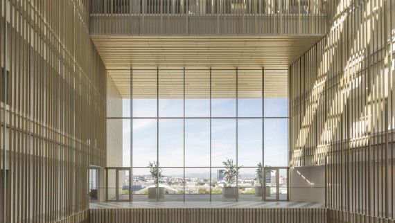 Atriet er kledd med forgylt, anodisert aluminiumprofiler, hvor tonene endrer seg i takt med solens bevegelser (© Ana Skobe). Atriet er kledd med forgylt, anodisert aluminiumprofiler, hvor tonene endrer seg i takt med solens bevegelser (© Ana Skobe).