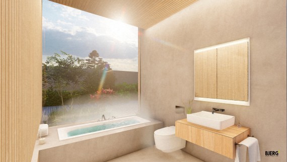Man skal føle en følelse av ro og stillhet på det 6 kvadratmeter store badet (© Bjerg Arkitektur) Man skal føle en følelse av ro og stillhet på det 6 kvadratmeter store badet (© Bjerg Arkitektur)
