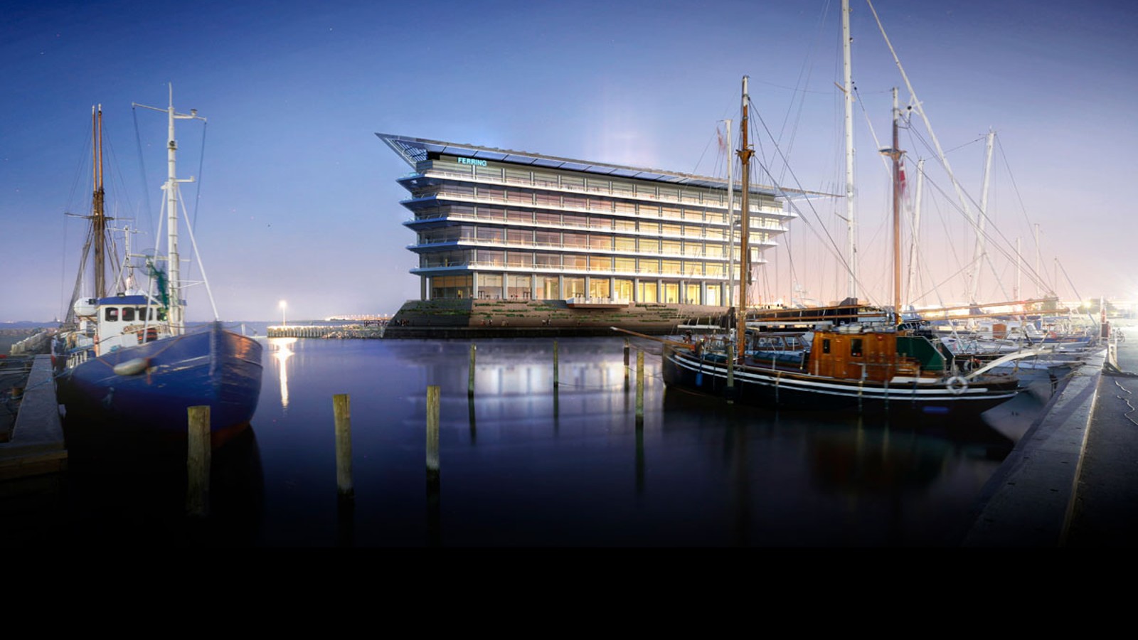 Med en vakker utsikt over Öresund broen mellom København og Malmö: det nye hovedkvarteret til Ferring Pharmaceuticals (©Foster&Partners)