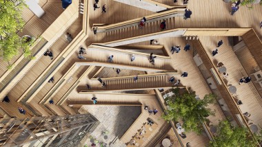 Hjertet i det nye hovedkvarteret er atriet, en indre gårdsplass rundt som trapper og heiser fører til de øverste etasjene.(©Foster&Partners) Hjertet i det nye hovedkvarteret er atriet, en indre gårdsplass rundt som trapper og heiser fører til de øverste etasjene.(©Foster&Partners)