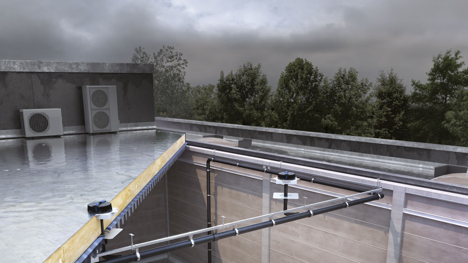 Pluvias takavløpssystem kan drenere alle tre tårnene med relativt få innløpselementer. (© Geberit)