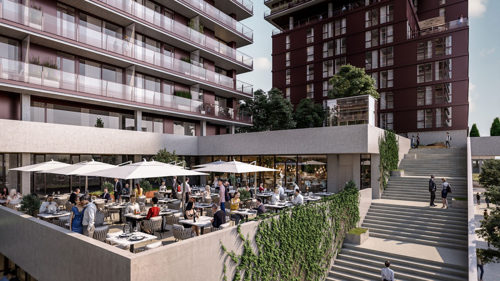 Overhengende takterrasser og gastronomi er en del av tilbudet. (© Soravia)