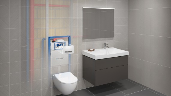 En Geberit HS30 hygieneskylling-enhet i et baderom (© Geberit). En Geberit HS30 hygieneskylling-enhet i et baderom (© Geberit).