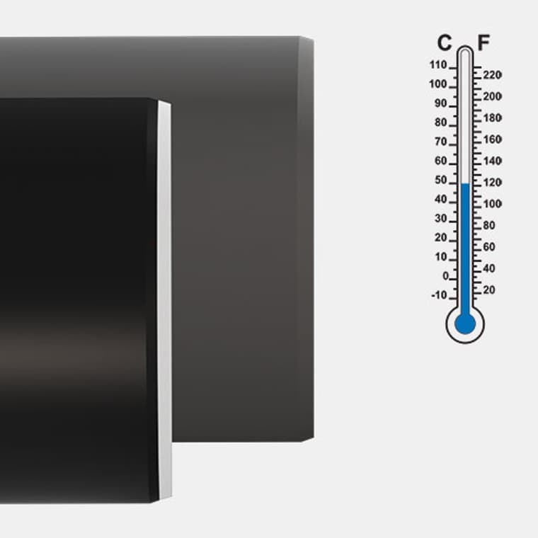 Geberit Silent-PP har utmerket temperaturbestandighet takket være den lave lengdeutvidelsen i PP-MD-materialet. Geberit Silent-PP har utmerket temperaturbestandighet takket være den lave lengdeutvidelsen i PP-MD-materialet.