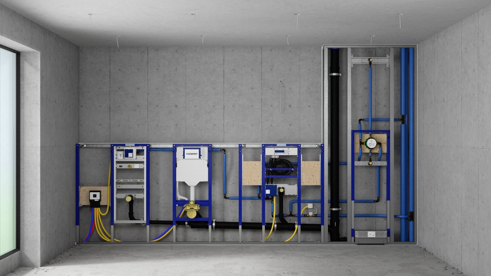 Installasjonsvegg med Geberit Duofix-elementer for urinal, toalett, servant og dusj Installasjonsvegg med Geberit Duofix-elementer for urinal, toalett, servant og dusj