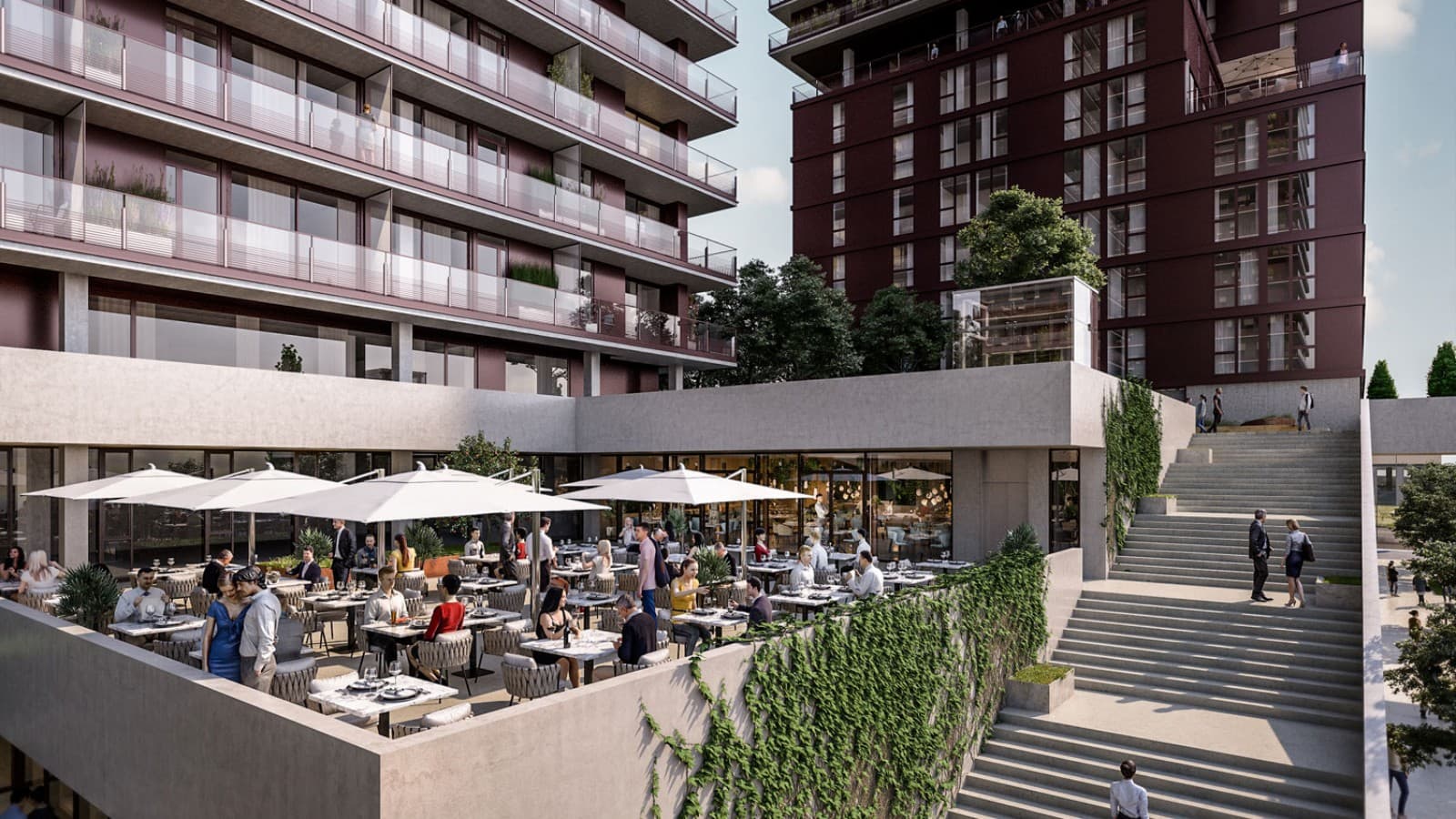 Overhengende takterrasser og gastronomi er en del av tilbudet. (© Soravia) Overhengende takterrasser og gastronomi er en del av tilbudet. (© Soravia)