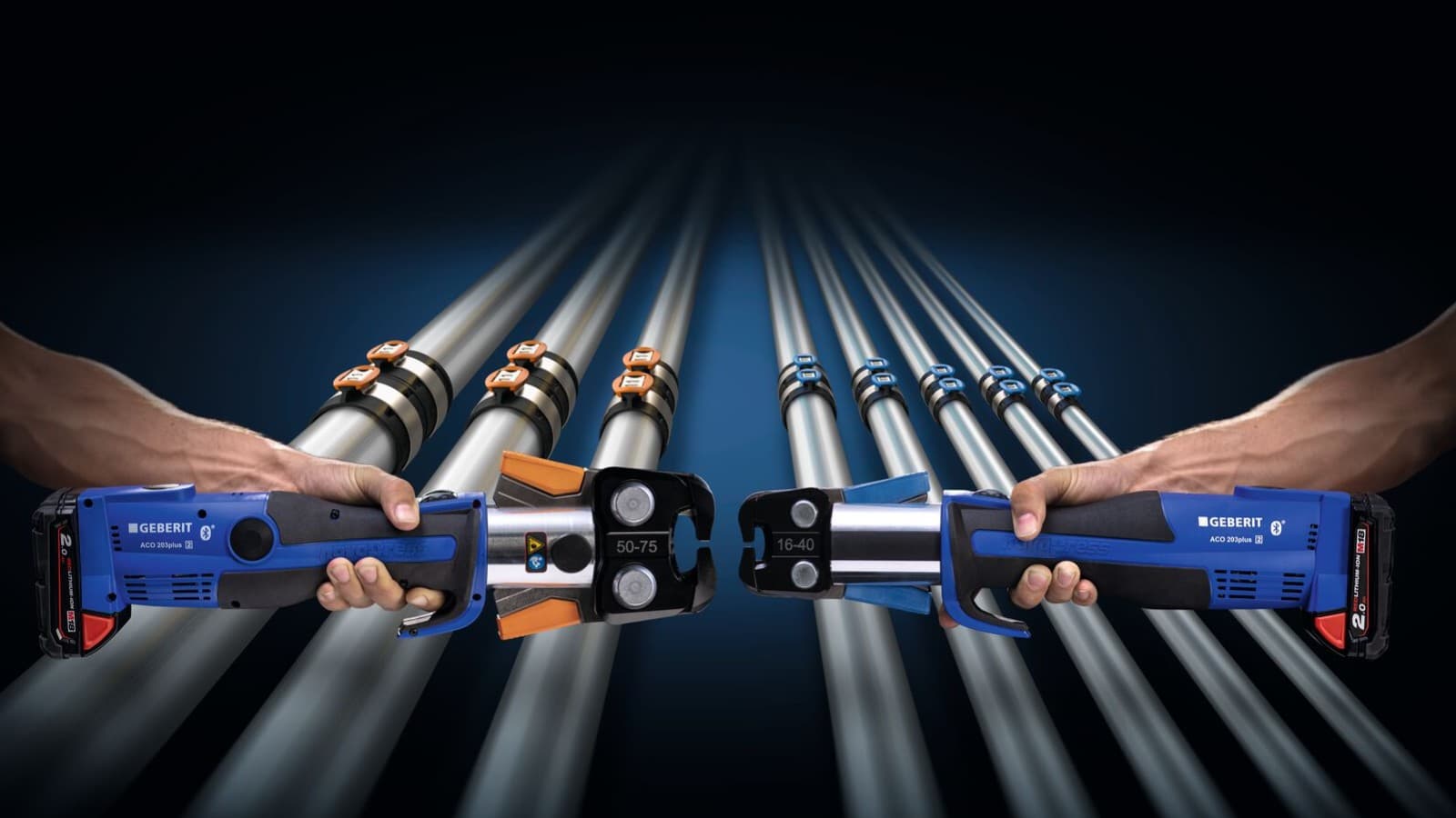 Geberit FlowFit krever bare to pressbakker for alle dimensjoner. Geberit FlowFit krever bare to pressbakker for alle dimensjoner.
